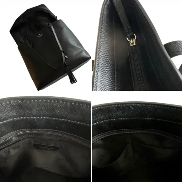 $298 Kate Spade Women's Medium Black & Gold Logo Leather Tote Bag & Bow Key Fob - Picture 12 of 16